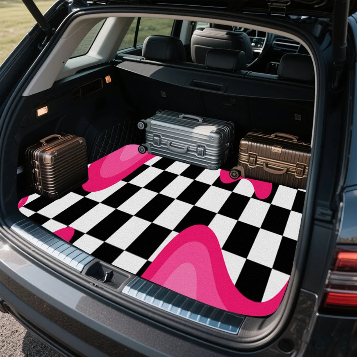 Universal Car Rear Trunk Mat Plaid Pink Liquid Pattern Print Waterproof Anti Slip Cargo Liner For Sedan SUV Interior Protection view 3