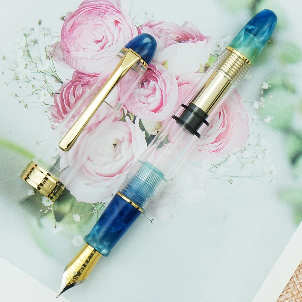 

LORELEI 667 Resin Piston Fountain Pen Transparent Blue with Golden Clip, Iridium EF/F 0.38/0.5mm Ink Pen for Business Office