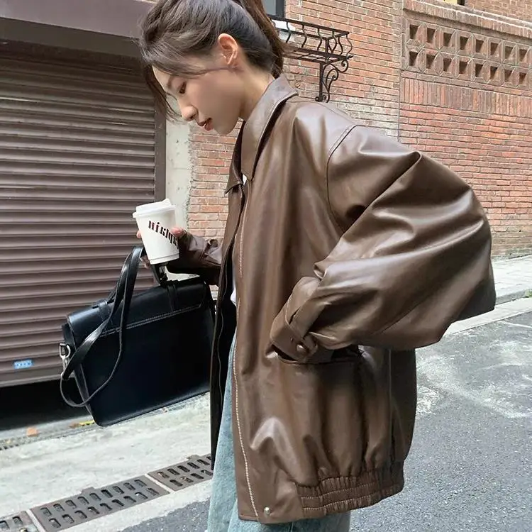 Retro Brown Leather Jacket Women's Short 2025 Spring Autumn Small Korean Loose Motorcycle Jacket Cool Biker Coat