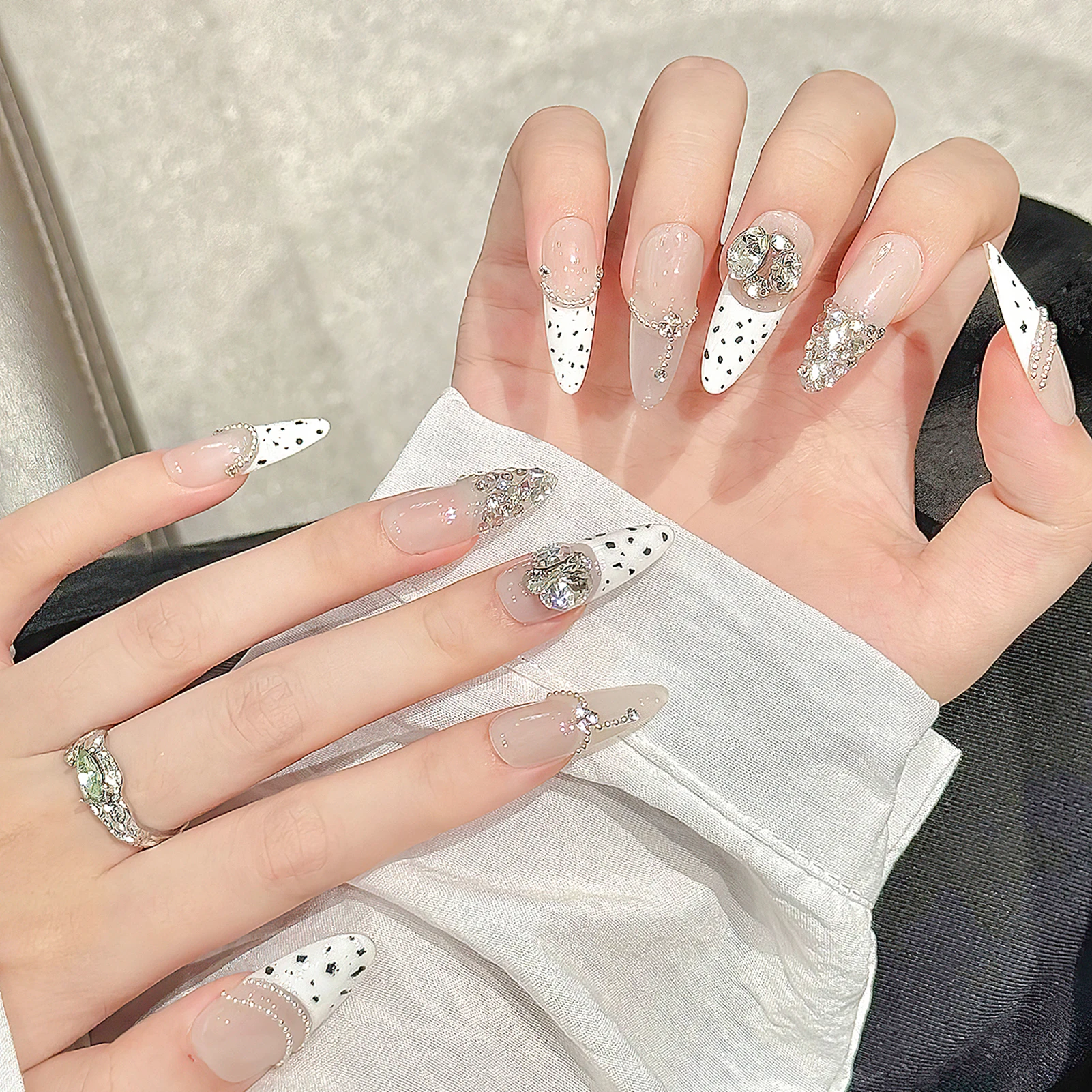 10 Uds. De uñas postizas con lazo de leopardo y ojo de gato, uñas postizas con mariposa, diamantes de imitación, elipse, almendra, uñas postizas para mujer, manicura DIY