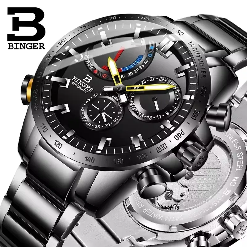 Original Luxury BINGER Brand Mens Watches Automatic Mechanical Classic Luminous Waterproof Energy Month Sapphire Male Calendar