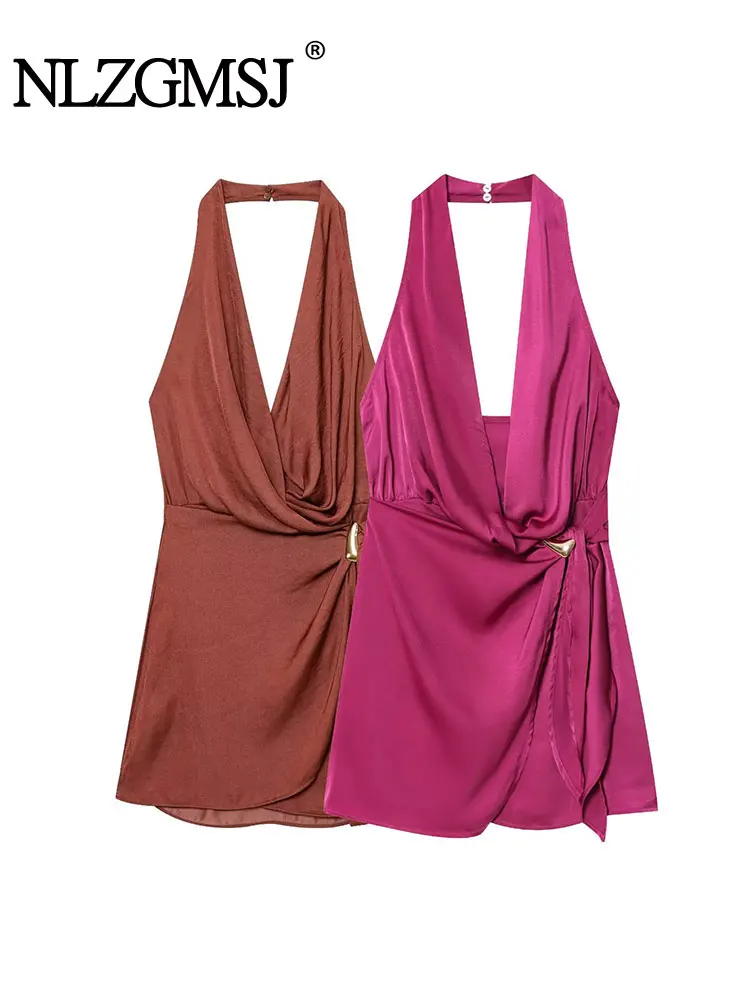 NLZGMSJ 2025, Metalldekoration, hängender Halskragen, Kleider für Damen, ärmellos, rückenfrei, kurzes Kleid, Frühling, Sommer, elegante Kleider