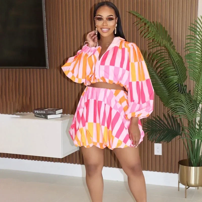 

Striped Printing Two Piece Set Women Skirts Outfits Long Sleeve Zipper Turn-down Collar Cropped Top and Mini Skirt Matching Sets