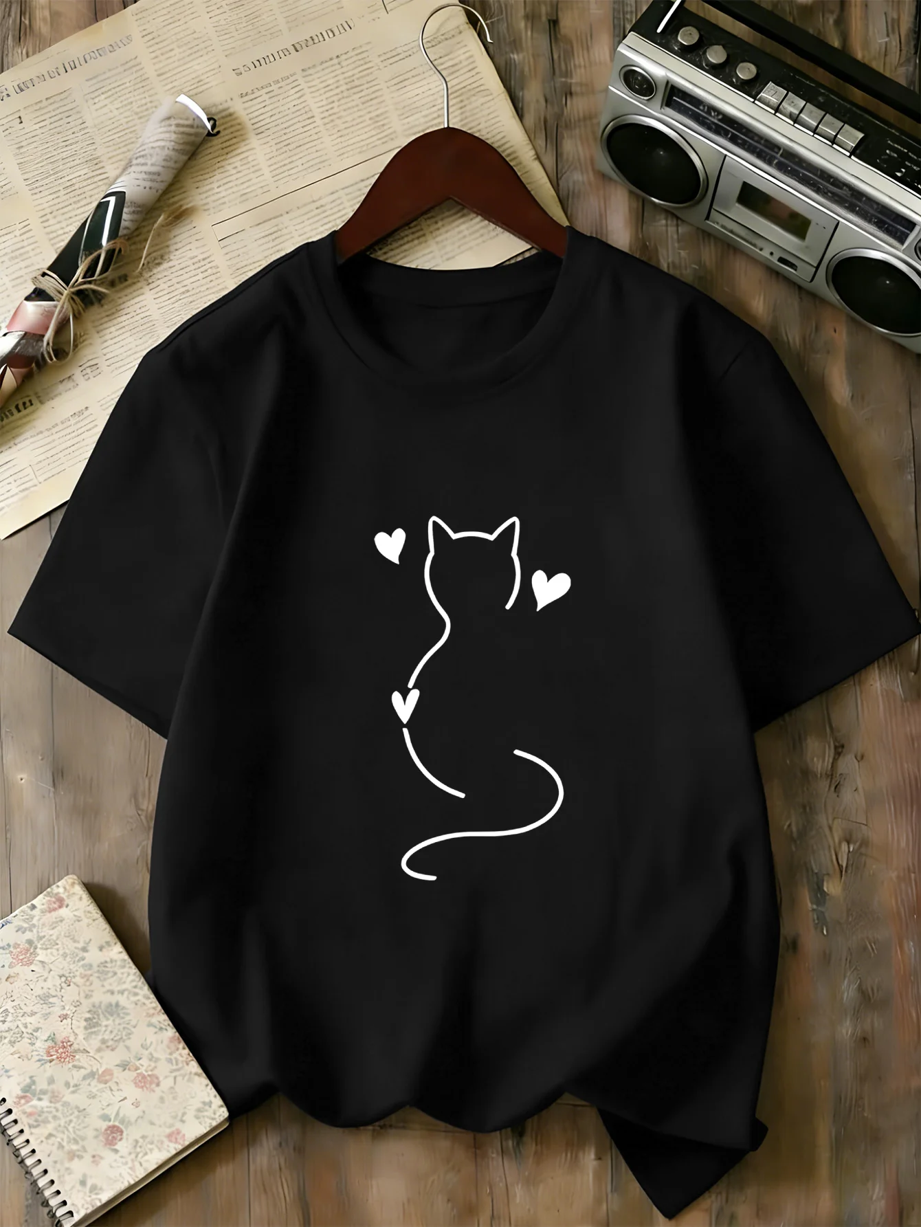 Simple Outline Cat And Hearts Graphic T Shirt Family Matching Boys Girls Kids Short Sleeve Minimalist Cute Children Daily Tops