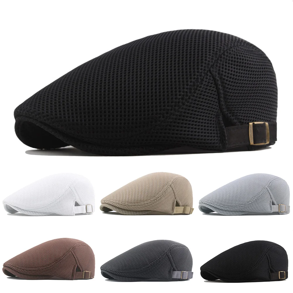 

Mens Breathable Solid Color Mesh Ivy Hat Cap Lounge Summer Newsboy Beret Comfortable Ascot Flat Cabbie Slight Strech Fashion