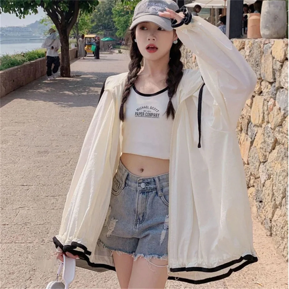 Women's New  Korean Fashion Nooded Sunscreen Clothing Female Summer Zipper Long Sleeve Loose Thin Breathability Sunscreen Jacket