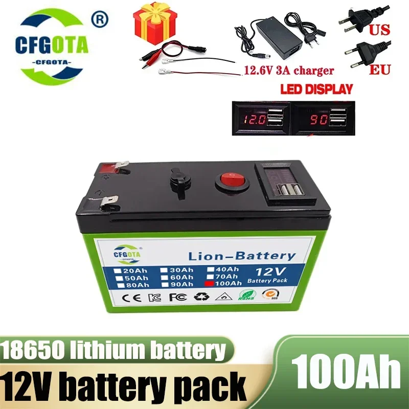 

12V Battery 100Ah 18650 lithium battery pack Rechargeable battery for solar energy electric vehicle battery+12.6v3A charger