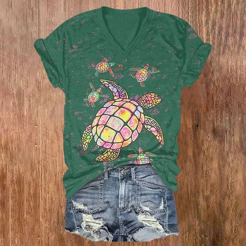Fantasy Colorful Sea Turtle Art Print V-neck T-shir Summer Women's T Shirts