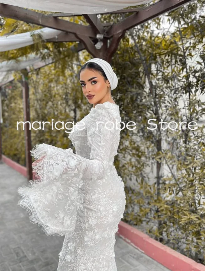 فساتين زفاف حورية البحر للحجاب الإسلامي برقبة عالية وأكمام طويلة مزينة بالزهور فستان زفاف للحديقة مخصص فيستدو دي نوفيا