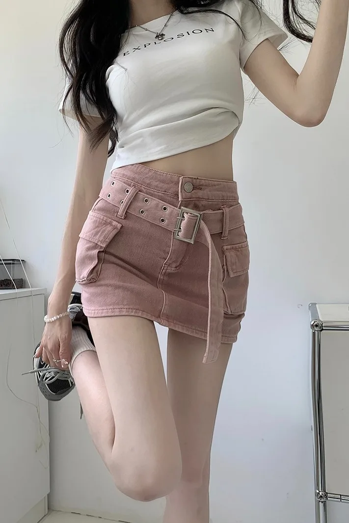 

2025 New American Vintage Cargo Denim High Waist Mini Skirt for Women Female Girl Summer Slim Fit Petite Bodycon Short Skirt