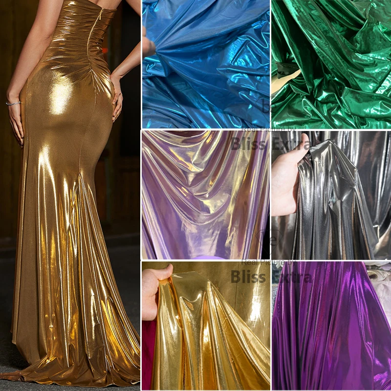 

Spandex Gold Green Liquid Metallic Lame Fabric for Dance Wear Costumes Dress Background Decoration Clothing Designer Material