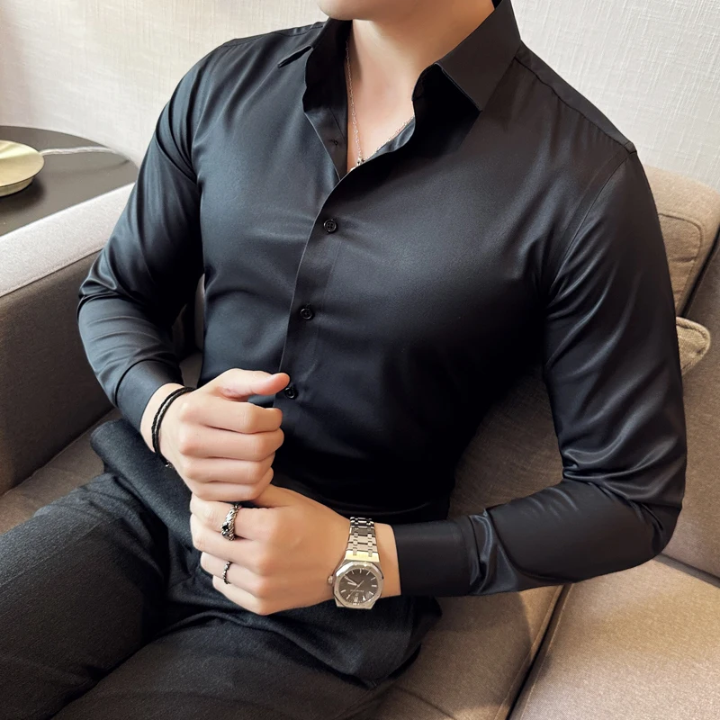 Camisas De Hombre Plain Color Mens Dress Shirts New Elastic Slim Fit Men's Social Shirt Long Sleeve Elegant Prom Tuxedo Big Size