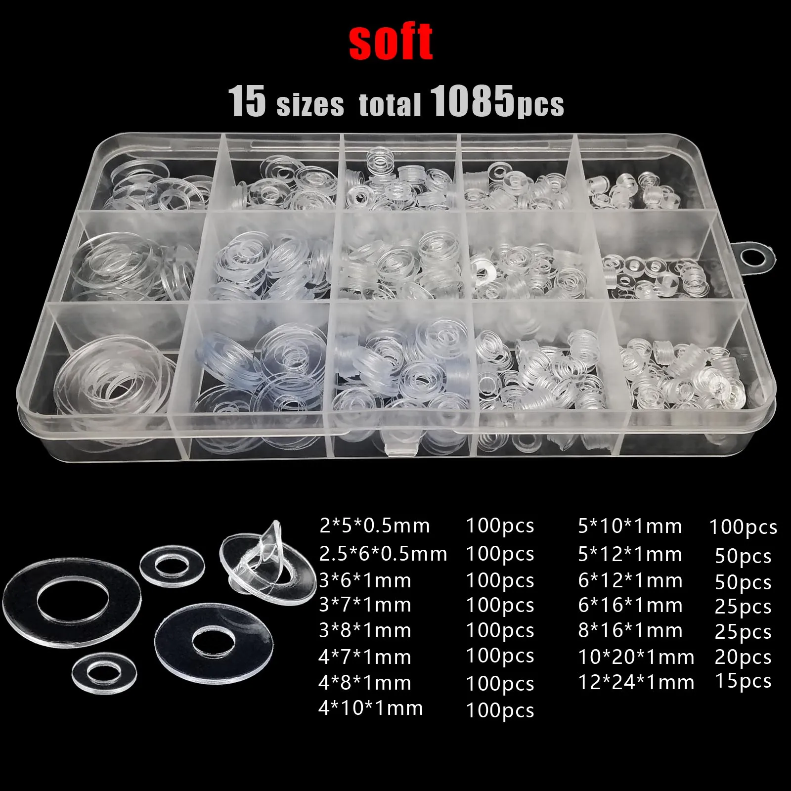 415/1085pcs Boxed Transparent Clear Flat Washer Plain Spacer Insulation Gasket Ring M2 M2.5 M3 M4 M5 M6M8M10M12 Set Plastic PVC image 3