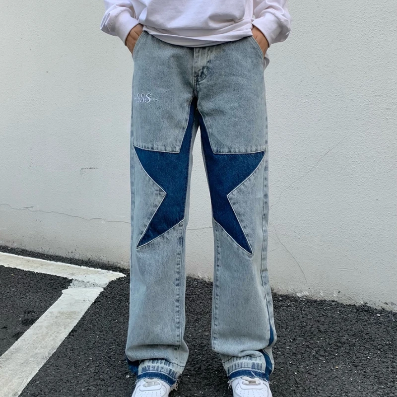 Harajuku Casual Jeans Men Stars Embroidery Contrast Color Stitching Blue Denim Pants High Street Loose Straight-leg Trousers New