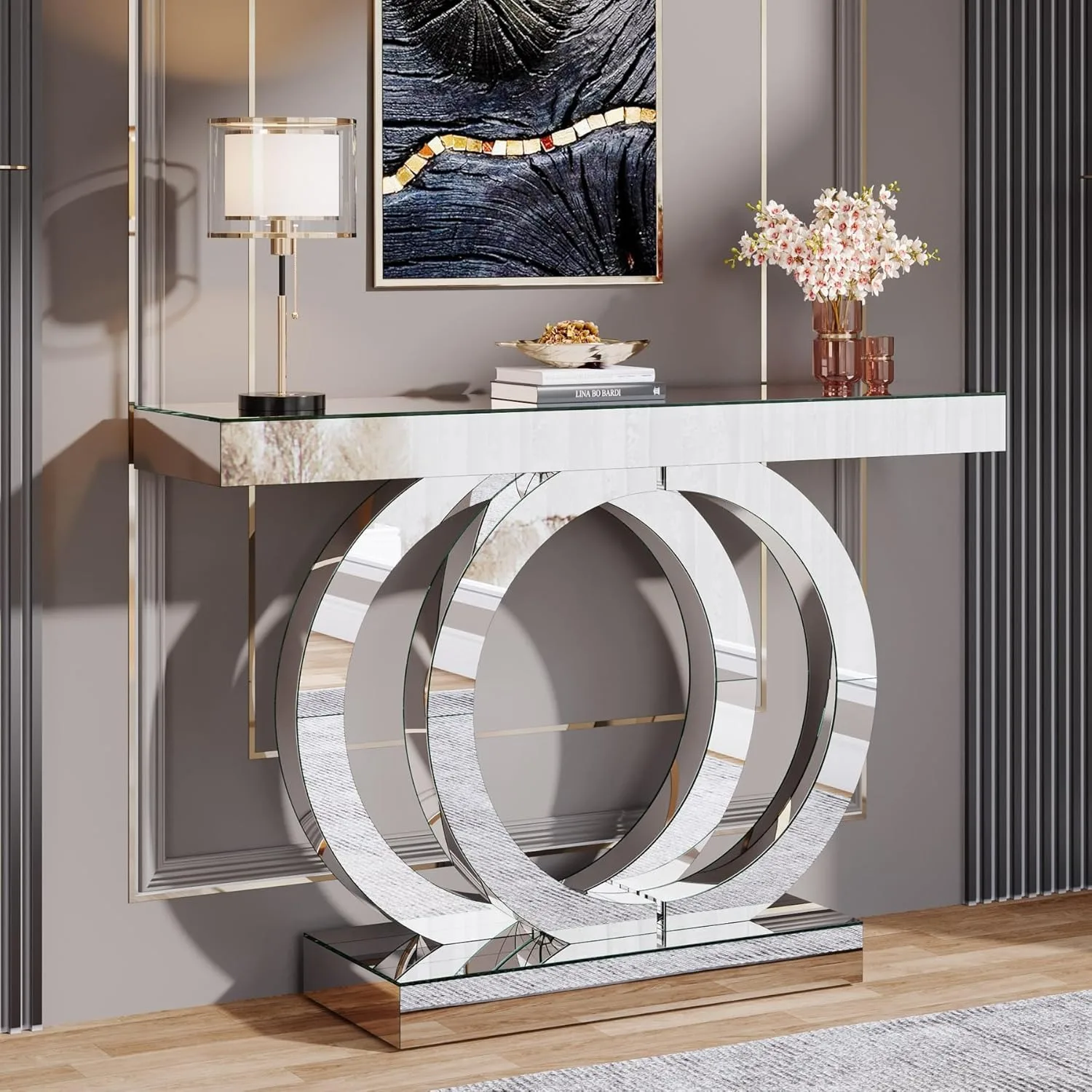 43.3-Inch Mirrored Console Table, Entryway Table with Thickened Mirror Finish Tabletop, Glass Sofa Table Foyer Table