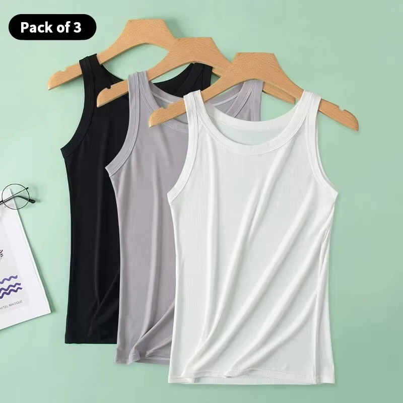 3-teiliges Sommer-Set Gerippte Baumwoll-Tanktops für Damen Y2K Slim O-Ausschnitt Ärmellos Basic Weich Atmungsaktiv Sportliche Unterwäsche Tägliches Unterhemd