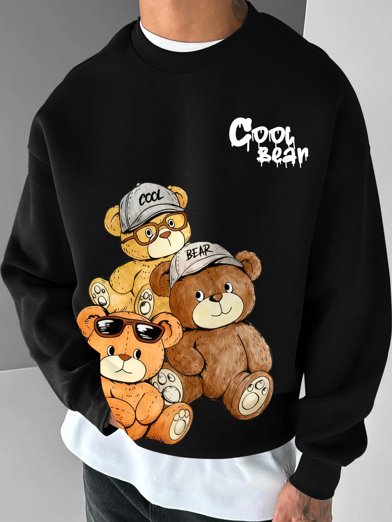 American men's autumn teddy bear letter print micro elastic comfortable round neck long sleeved T-shirt outdoor street style top