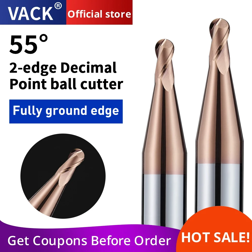 

VACK HRC55 Decimal Ball Nose End Mill Tungsten Carbide Solid Alloy Ballpoint Milling Cutter R0.55-R5.95 2 Flute Cnc Tools