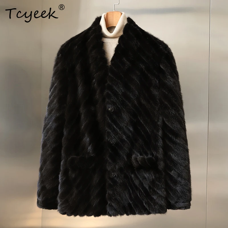 Tcyeek 리얼 밍크 퍼 코트 남성 겨울 의류 여성 밍크 남성 코트 중간 길이 리얼 퍼 재킷 신상 아우터웨어 남성용 재킷