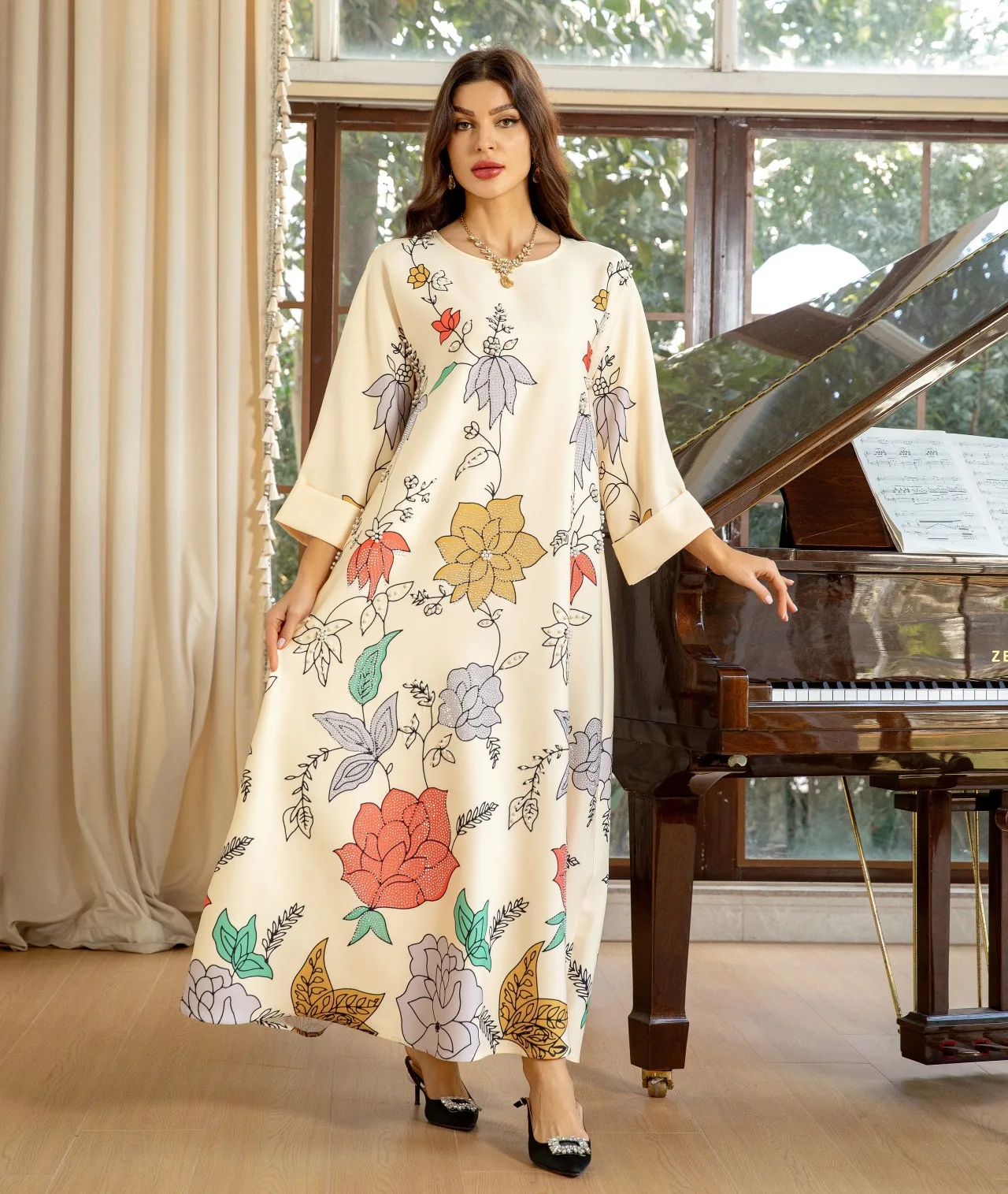 

Eid Ramadan Muslim Women Dresses Arab Fashion Dubai Printing Beading Casual Abayas Jalabiya Moroccan Saudi Kaftan Maxi Dress