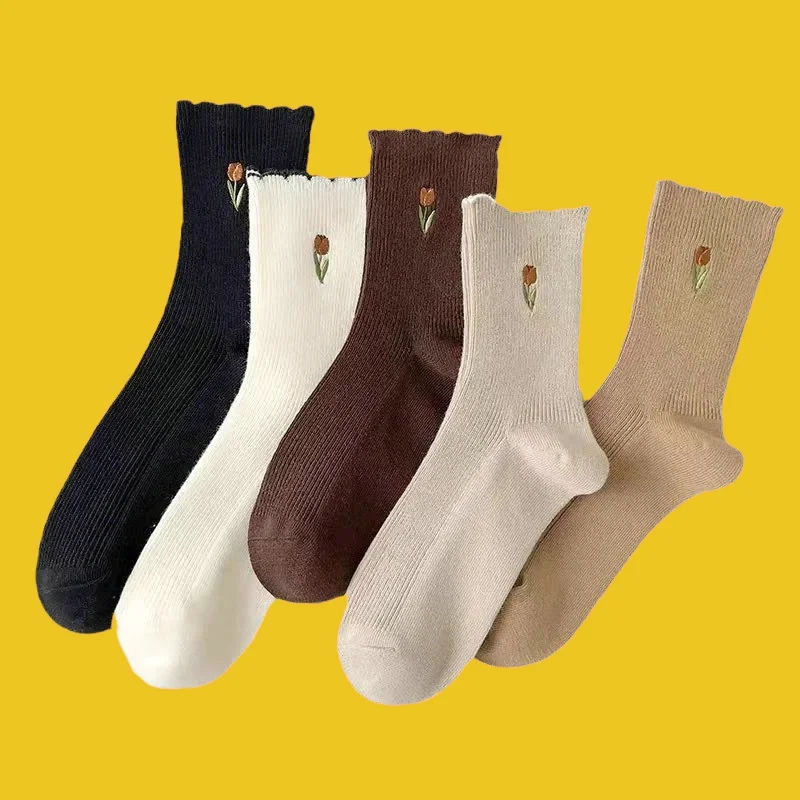 

5/10 Pairs Medium Length Socks Solid Color Socks High Length Women's Cotton High Quality Women's Retro Socks College Style Socks