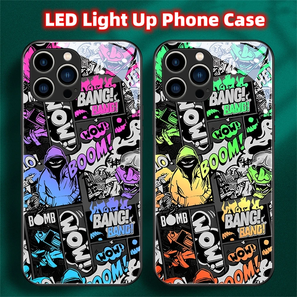 Mobile Flash LED Luminous Tempered Glass Cover Night Light Shockproof Phone Case For iPhone 15 14 13 12 11 Pro Max Mini X SE2020