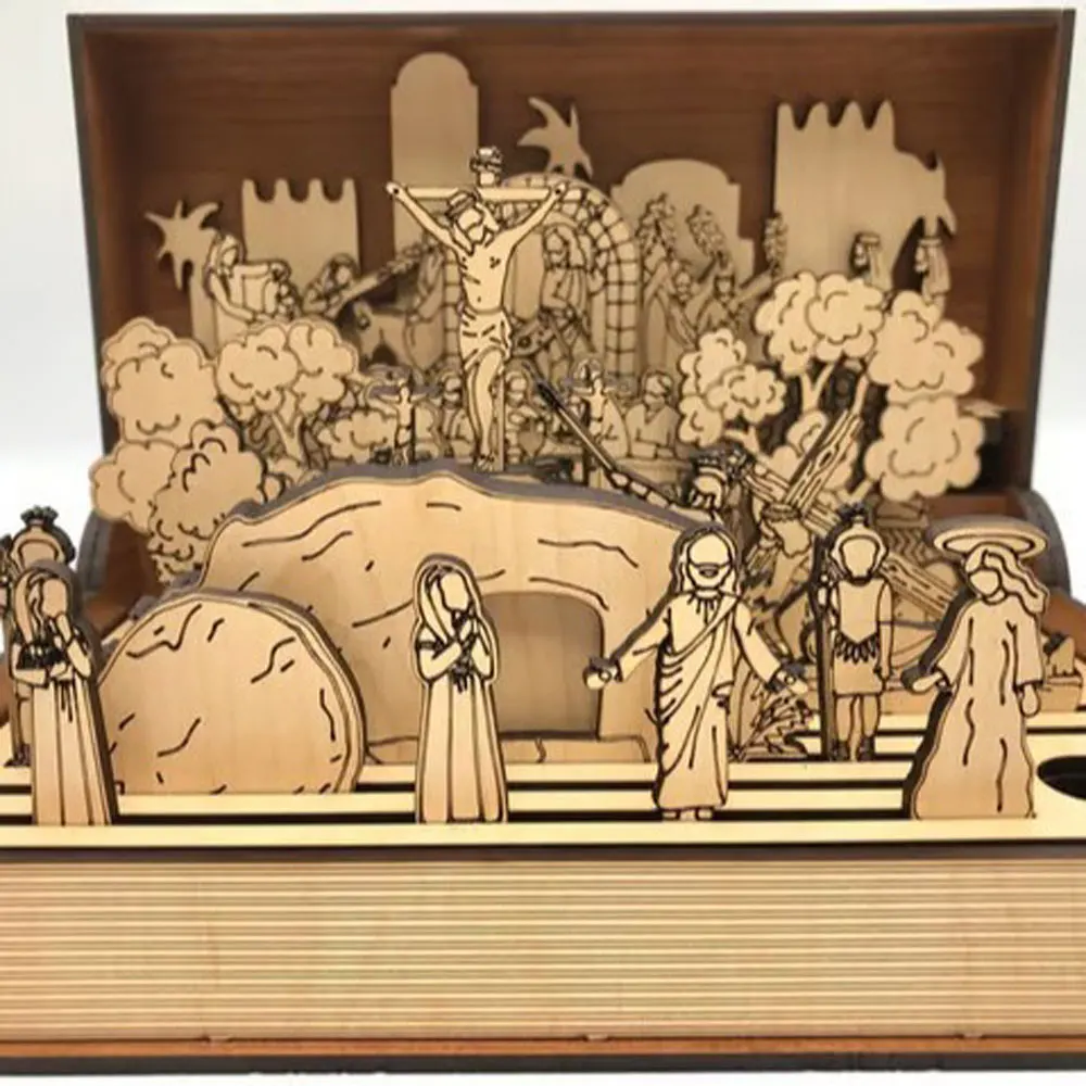 Escena de resurrección de Pascua, libro de Semana Santa familiar de madera, decoración de regalo de recuerdo
