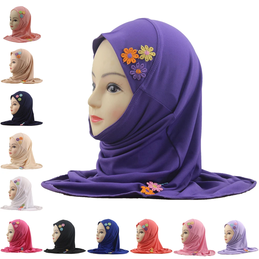 

Fit 2-6 Years Old Small Girls Hijab Cap with Flower Muslim Scarf Islamic Headscarf Hat Amira Pull On Headwrap Instant Turban