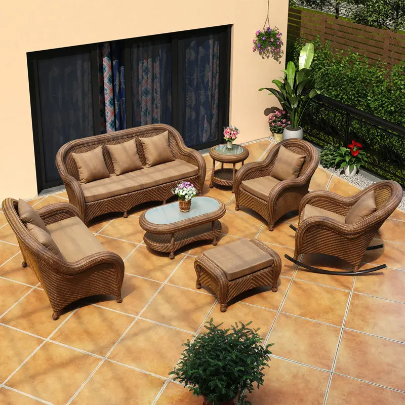 Rattan leisure sofa outdoor courtyard living room rattan chair three-person rattan chair outdoor Tengweaving sunscreen waterproo