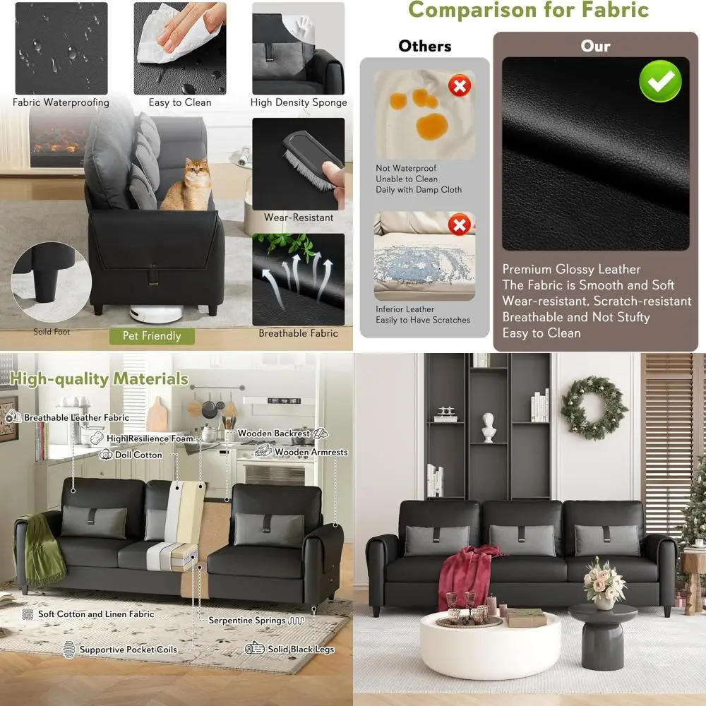 

High-Back Leather 3-Seater Sofa for Small Living Rooms - Black