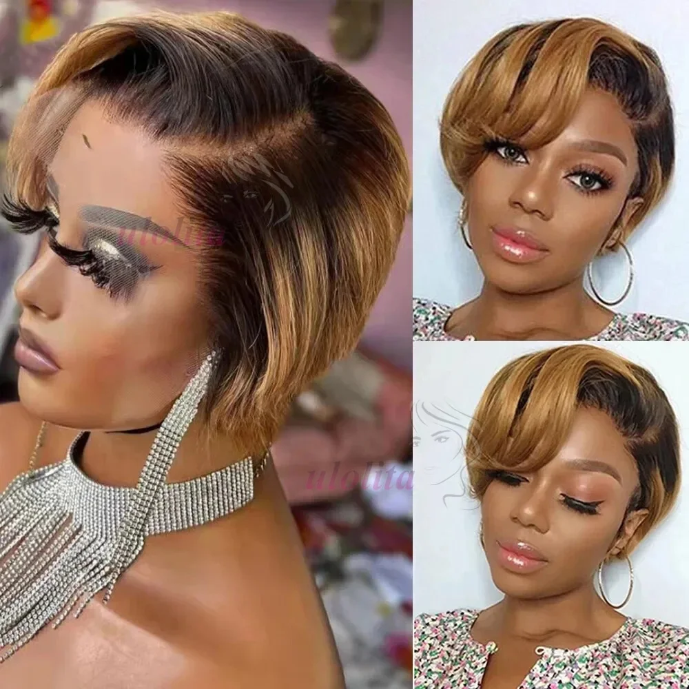 1B 30 Blonde Kurze Bob-Pixie-Cut-Perücke, glattes Echthaar, transparente Spitzenperücke für schwarze Frauen, gerade kurze Bob-Perücke, 150% Dichte – Detail 5