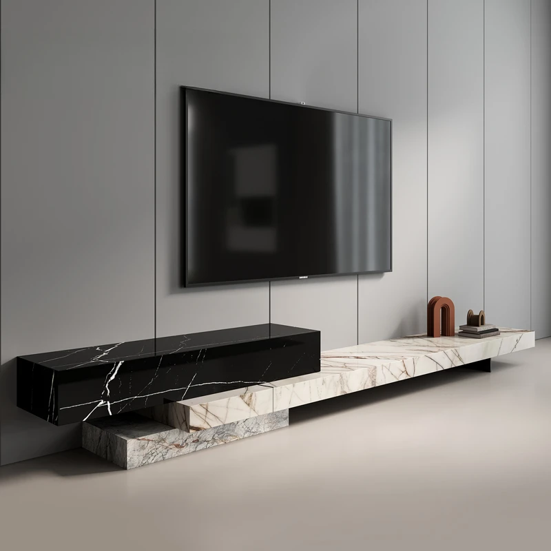 Italian light luxury, minimalist natural marble TV cabinet combination, minimalist modern living room, villa designer furniture