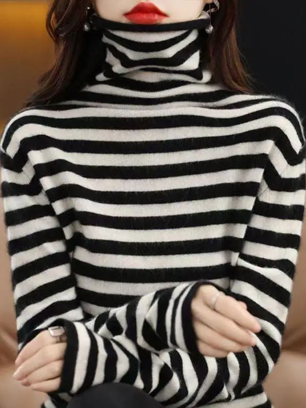 Thickened High Collar T-Shirt Women's Autumn Winter Slim Fit Stripe Pattern Polyester Fiber Warm Base Layer Top Shirt