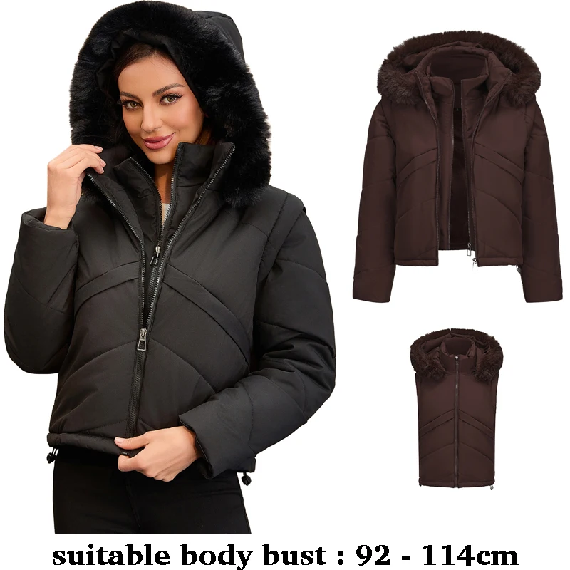 

high quality women short fur hooded jacket detachable sleeve quilted padding snap casual autumn winter 2025 clothing black white