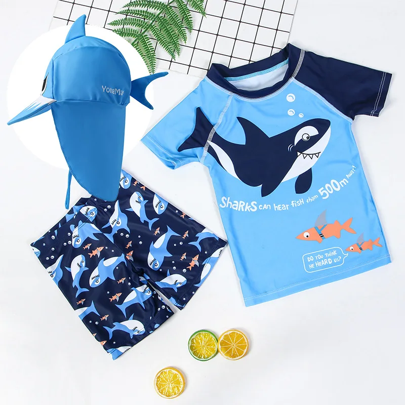 1-7Y Kids Children Boys Two Piece Swimsuit Swimwear Toddler Bathing Suit Beachwear Shark Style Top Boyshort Sunhat 3pcs/set Blue