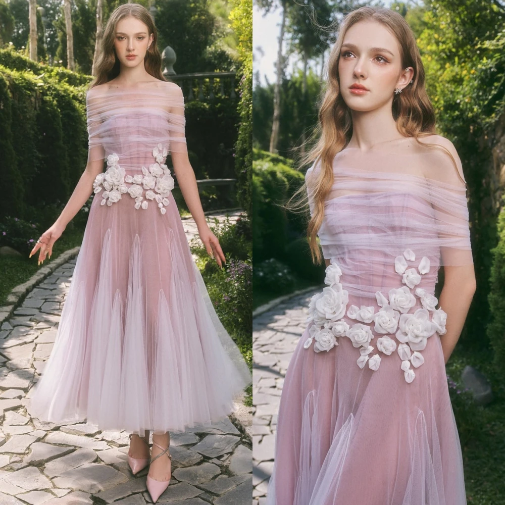 Customized Modern Tulle Flowers Evening Dress Delicate Boat Neck Prom Dresses Temperament Short Sleeves Special Occasion Gowns