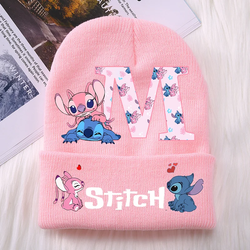 Stitch Angel Girls Knitted Caps Baby Hat Kawaii Cartoon Letter A-Z Printed Beanie Kids Winter Warm Accessories Christmas Gifts