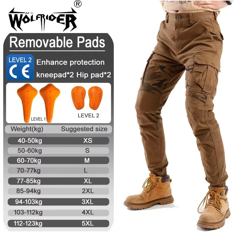 滑り止めグリップと落下防止保護具付きのオートバイ作業用パンツ（カーキとアースイエロー）