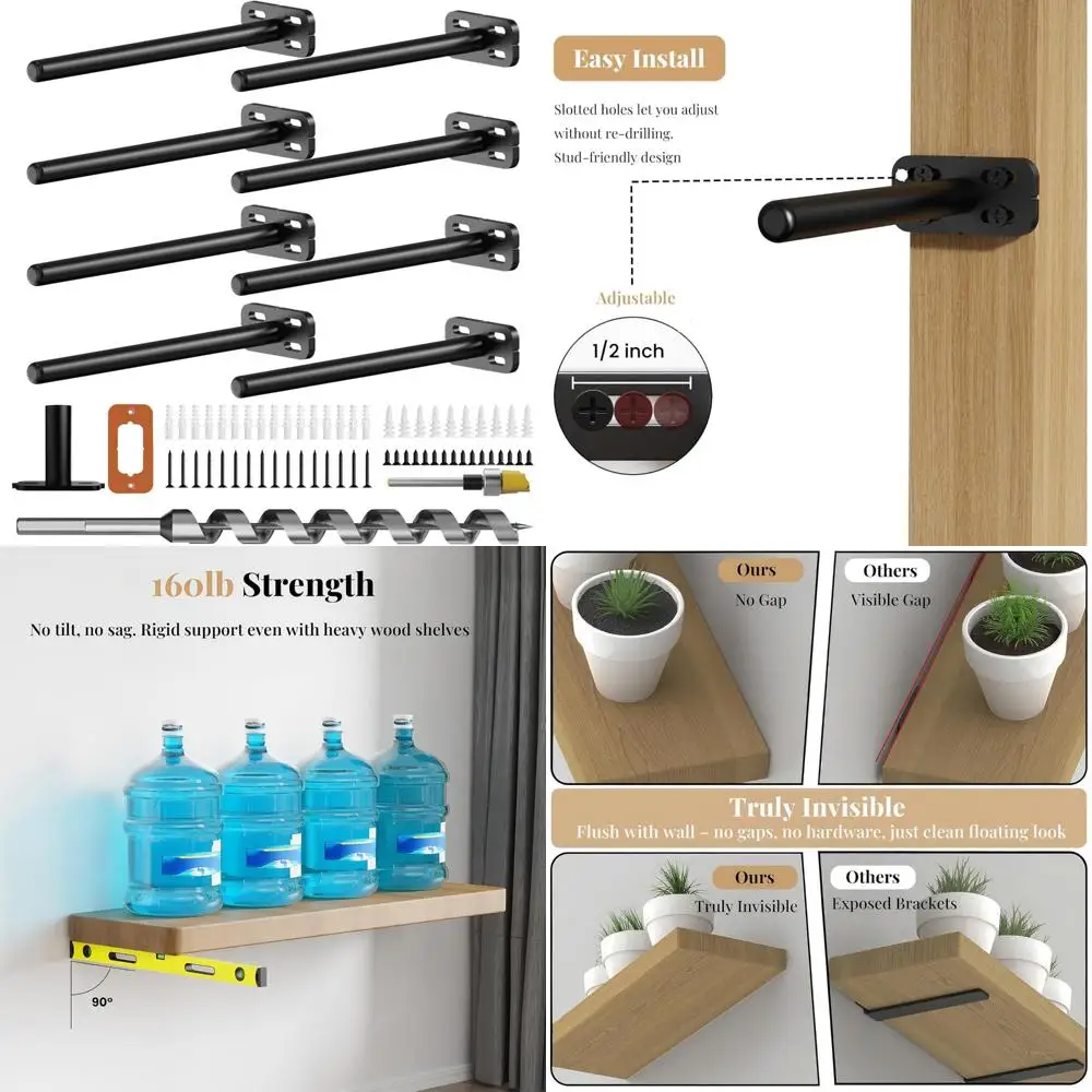 

Heavy Duty Wall Shelf Brackets - Invisible Black Floating Shelves for Heavy Loads, Decorative and Stylish Home Decor