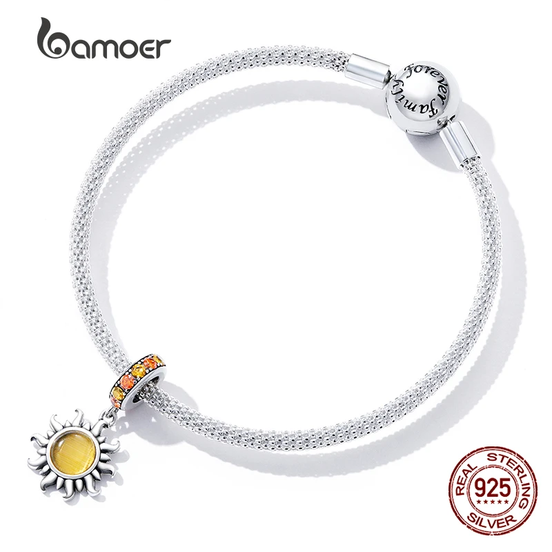 Bamoer Genuine 925 Sterling Silver Shiny Sun Pendant Charms for Women Fit Original DIY Bracelet & Bangle Necklace Jewelry Gifts