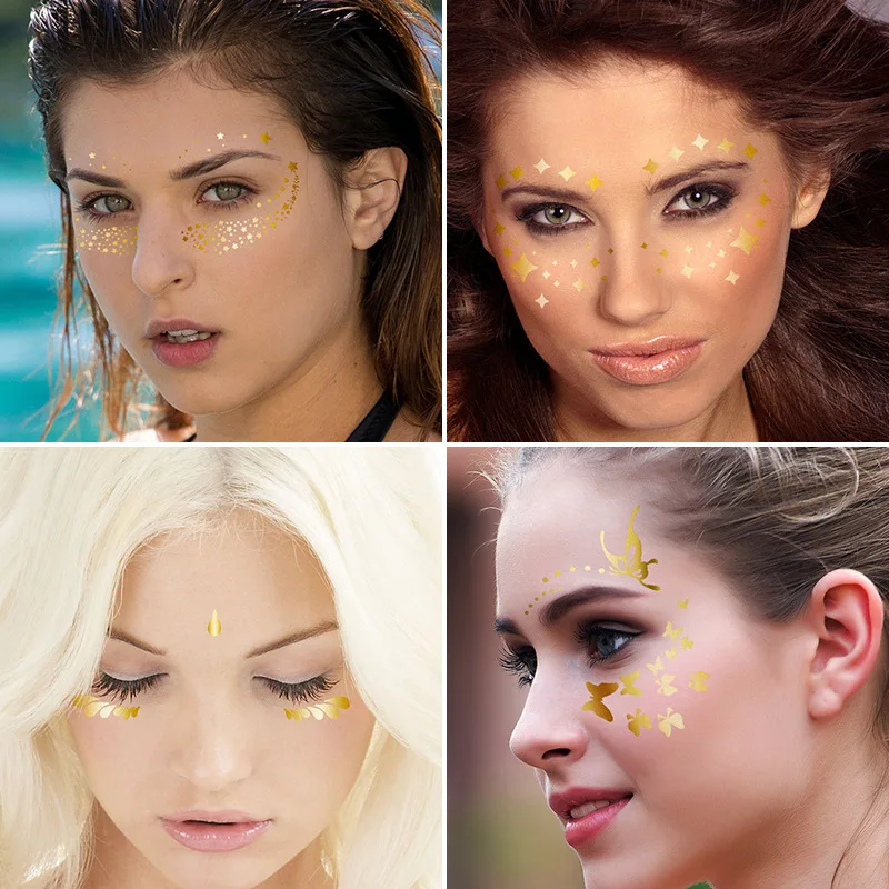 Adesivo de tatuagem na face, folha de estampagem a quente, tatuagem temporária, mulher, à prova d\'água, adesivos brilhantes na face, acessórios para