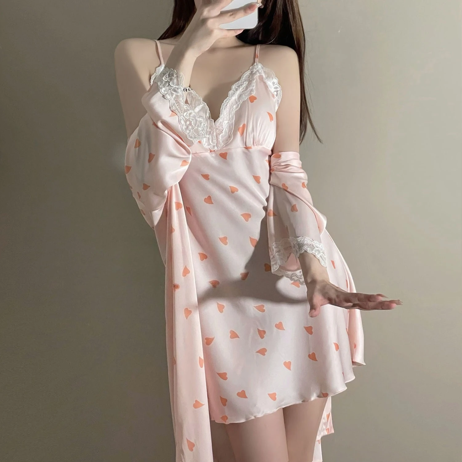 Print LOVE Twinset Robe Set Women Lace Kimono Bathrobe Gown Sleep Suit Summer Nightgown Sleepwear Satin Home Dress Loungewear