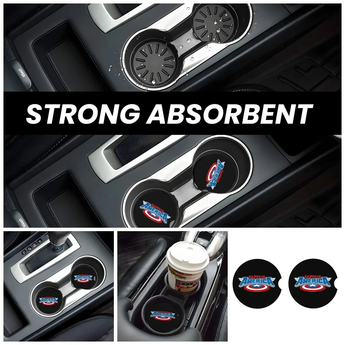 Kawaii Car Cup Coaster 2 Pack Captain America Car Interior Accessories Universal Recessed Car Cup Mats