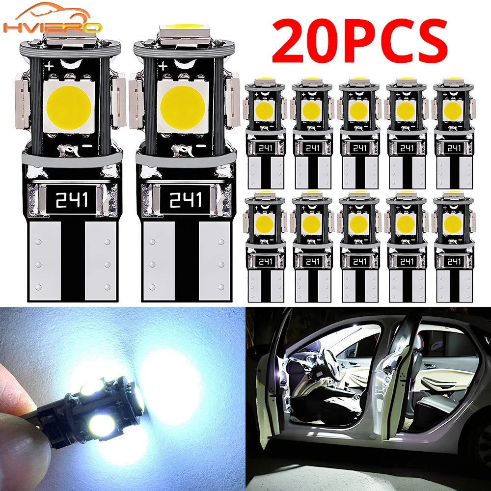 

20X T10 5050 5SMD белые, синие, красные, желтые Автомобильные светодиодные лампы для широкого освещения двери, парковочные лампы для чтения Canbus W5w 194 без ошибок DC 12V лампы