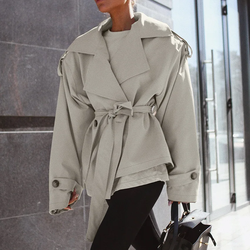 Women's Jacket Coat Belt Trench Lace Up Suit Collar Drop Shoulder Windbreaker Female Waist Cinched Slim Oversized Outwear Ladies
