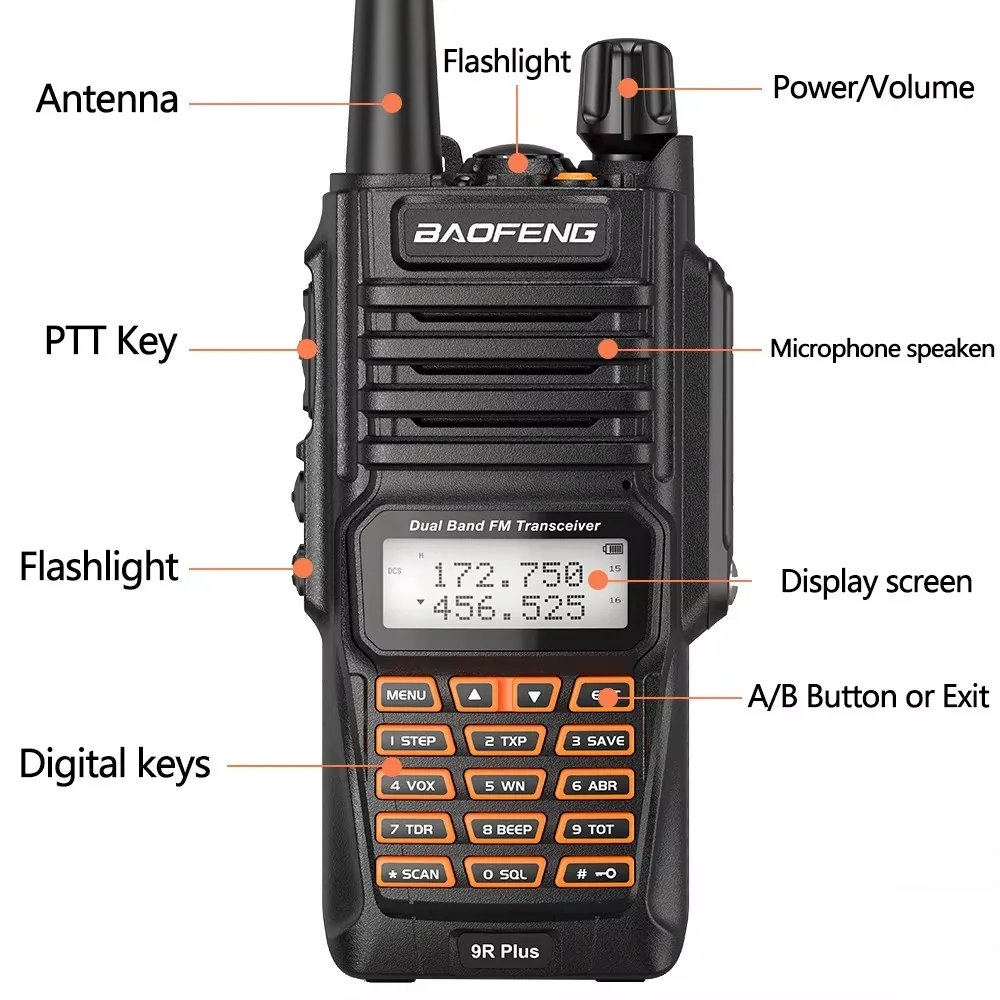 Baofeng UV-9R Plus Walkie Talkie IP68 Waterproof Dual Band 10KM Long Range Portable VHF/UHF Transceiver CB Hunting Ham Radio image 6