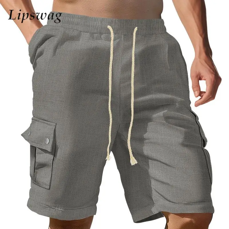 Casual Pockets Cargo Shorts Mens Spring Summer Fashion Drawstring Solid Color Loose Shorts Men Beach Breathable Cotton Shorts