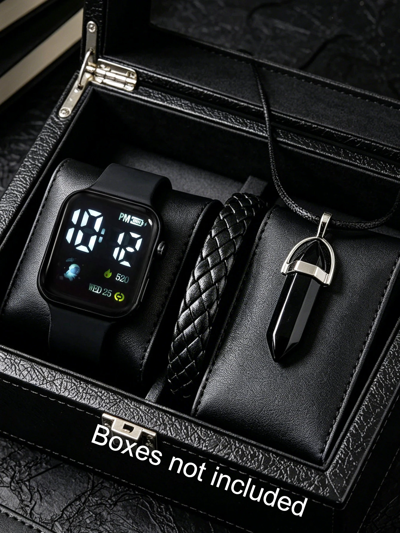 Rectangular Silicone Electronic Watch And Jewelry Set with Polyhedral Cylindrical Pendants Luminous Pattern Decoration，Gift