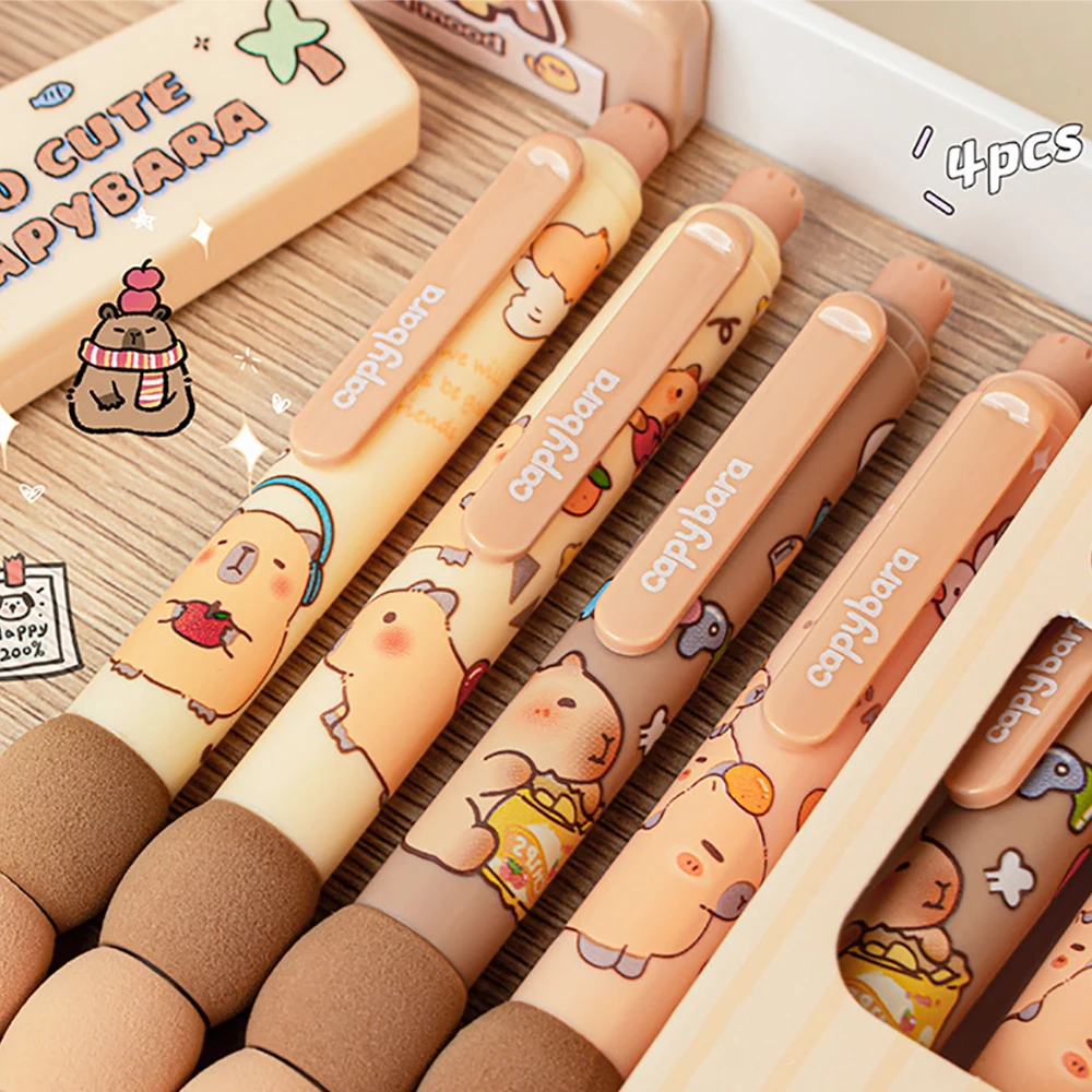 4Pcs 만화 귀여운 Capybara 지울 수있는 젤 펜 Kawaii 빠른 건조 쓰기 부드럽고 우아한 중립 펜 미적 편지지