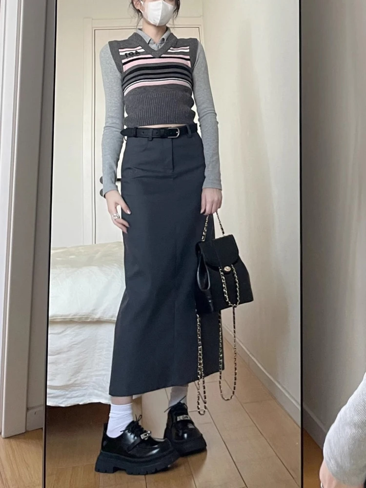 ay High Waist A-Line  Skirt Women's Autumn New Sle plus Size Loose Slimming Midi Skirt Commute Korean Sle Pure Color